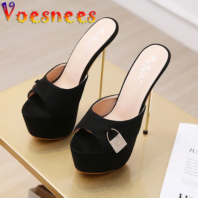 Voesnees Women's Shoes Fashion Flock Platform Slippers Lock Head Decoration 2021 Summer New Thin Heels 17cm Black Ladies Slides