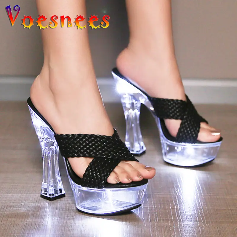 LED Light Up Transparent High Heels 15CM Square Heel Summer Sandals Women's Platform Luminous Shoes Club Fashion Weave Slippers