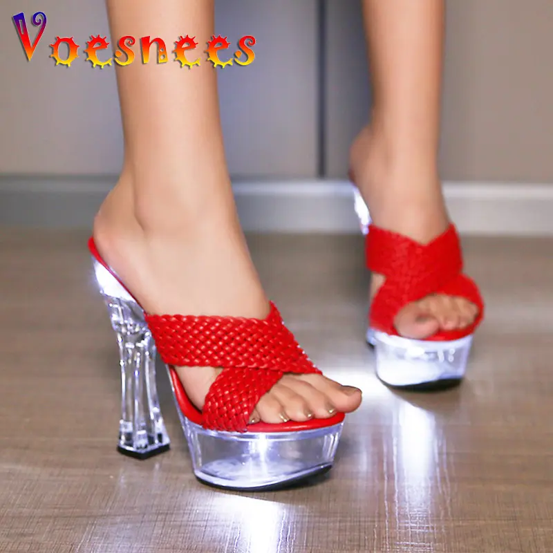 LED Light Up Transparent High Heels 15CM Square Heel Summer Sandals Women's Platform Luminous Shoes Club Fashion Weave Slippers