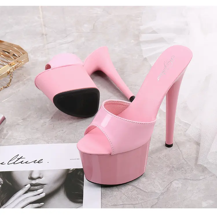 Large Size Female Slippers Outside PU Patent Leather Platform Super High Heels 17cm Thin Heel Solid Women's Shoes 2020 New Come