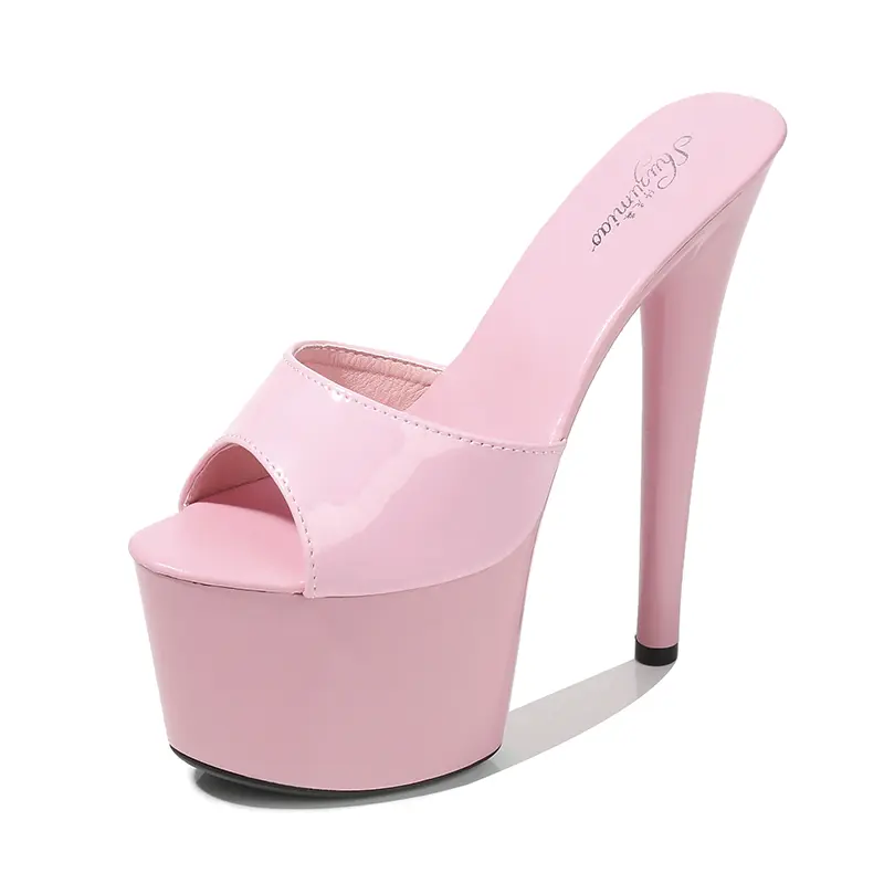 Large Size Female Slippers Outside PU Patent Leather Platform Super High Heels 17cm Thin Heel Solid Women's Shoes 2020 New Come