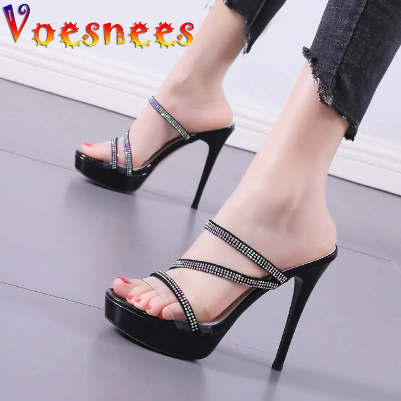 Women Slipper Summer New Female Model T Station Catwalk Sexy Diamond Transparent Shoes 12CM Quality High Heels Waterproof Sandal