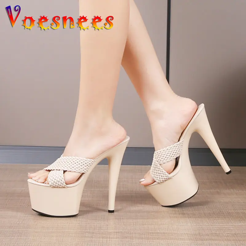 16.5CM Super High Heels Women New Gladiator Thick Platform Sandals Fashion Nightclub Female Shoes Summer Weave Slides Slippers