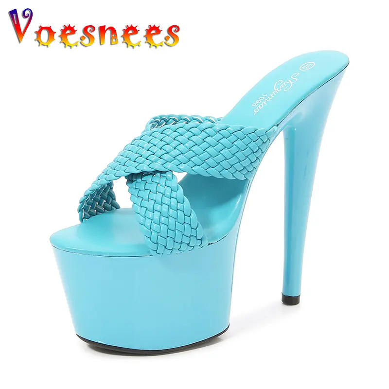 16.5CM Super High Heels Women New Gladiator Thick Platform Sandals Fashion Nightclub Female Shoes Summer Weave Slides Slippers