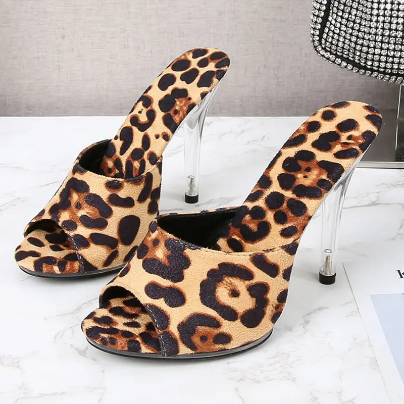 Voesnees 2021 Summer Women Wild Nature Leopard Print Slippers 11CM Sexy Open Toe Stiletto Shoes New Fashion Office Sandals Shoes