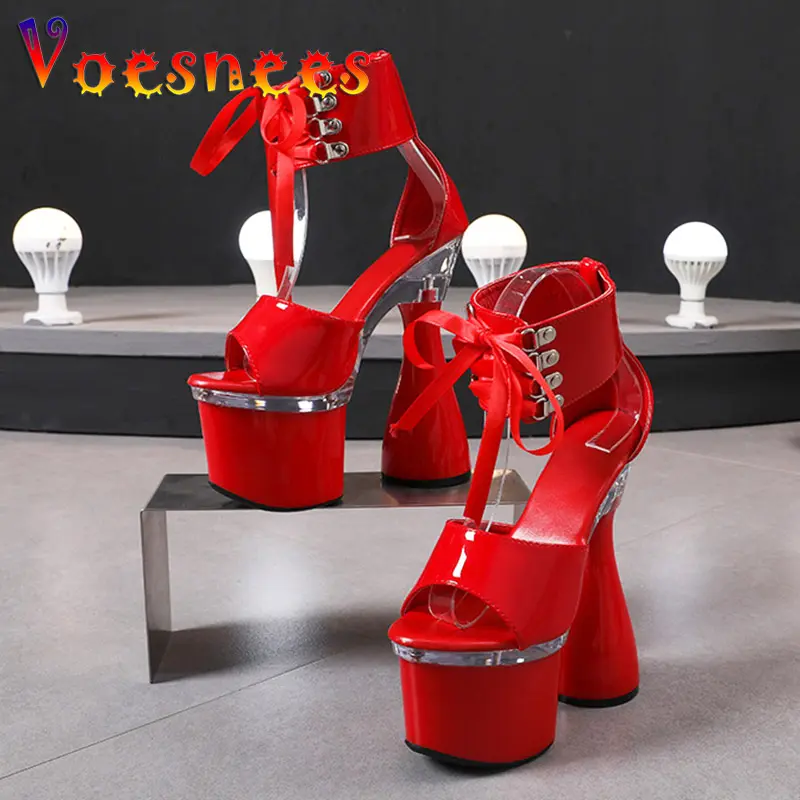 Voesnees Super High Heel 17.5CM Round Heels Pole Dance Shoes Summer Modern Sexy Stripper Nightclub Ankle Strap Sandals For Women