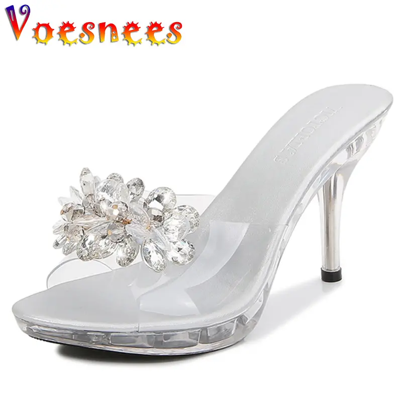 9cm Crystal Slippers Fine High Heel Transparent Summer Sandals Women Slippers Sexy Comfortable Beaded Beach Shoes Woman silver