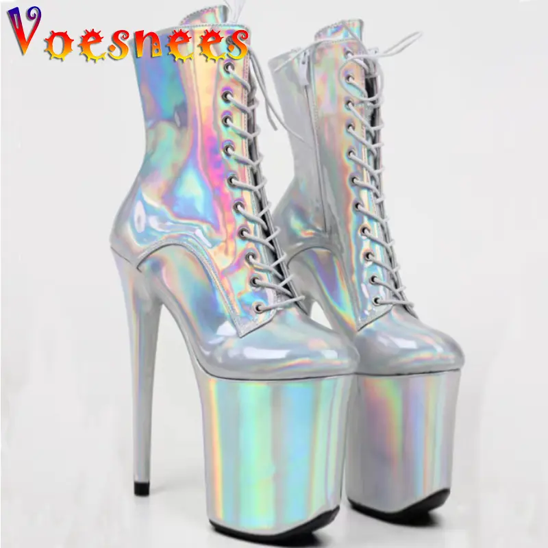 8 Inch Pole Dance Women Shoes Laser Lace Up Boots Petent Leather Sexy Heels Platform Boots Side Zipper High Heel Super Hot Style