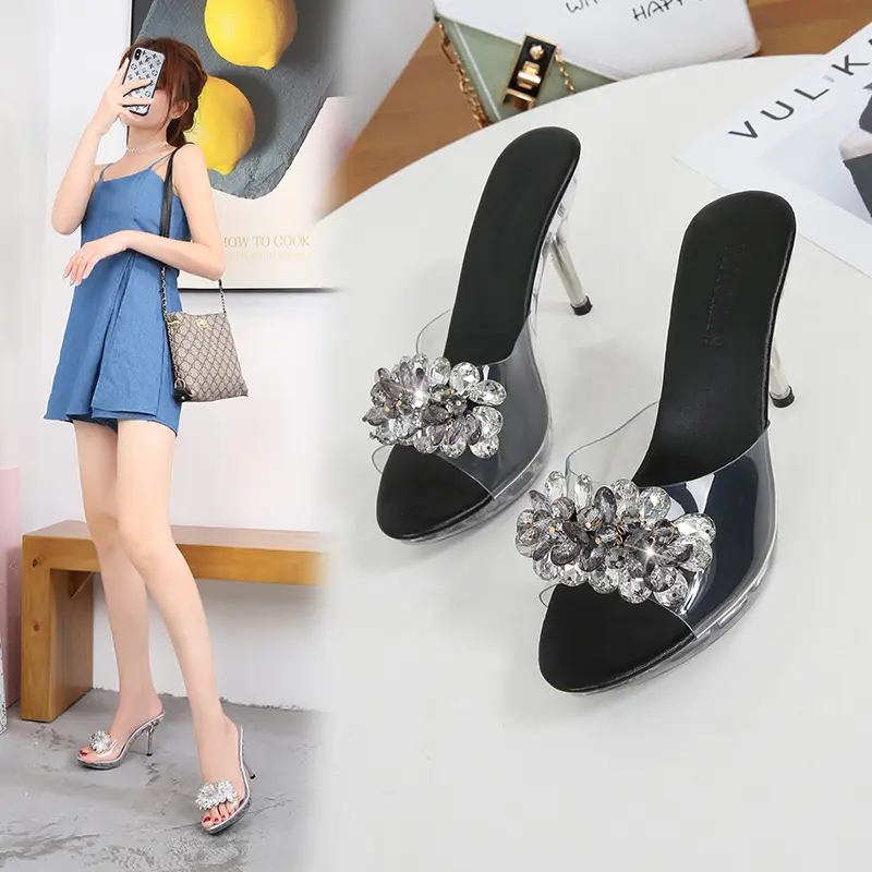 9cm Crystal Slippers Fine High Heel Transparent Summer Sandals Women Slippers Sexy Comfortable Beaded Beach Shoes Woman silver