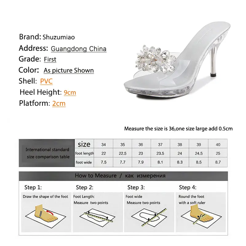 9cm Crystal Slippers Fine High Heel Transparent Summer Sandals Women Slippers Sexy Comfortable Beaded Beach Shoes Woman silver