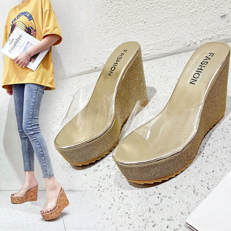 Summer Women Slippers Shoes 2021 New Sexy Transparent Wedges Sandals Platform Glistening Thick Sole Bottom Crystal High Heels
