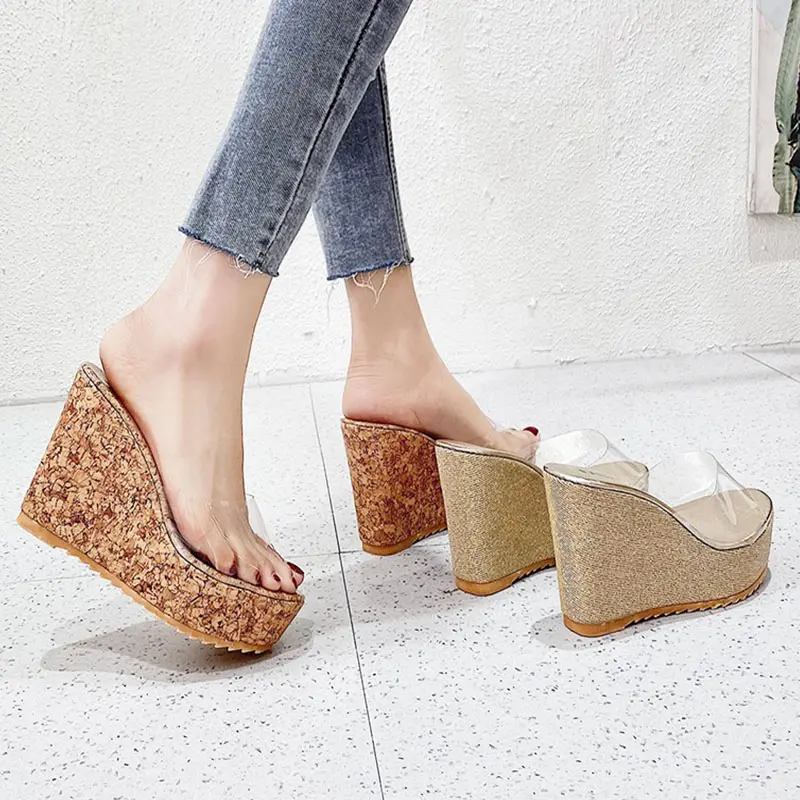 Summer Women Slippers Shoes 2021 New Sexy Transparent Wedges Sandals Platform Glistening Thick Sole Bottom Crystal High Heels