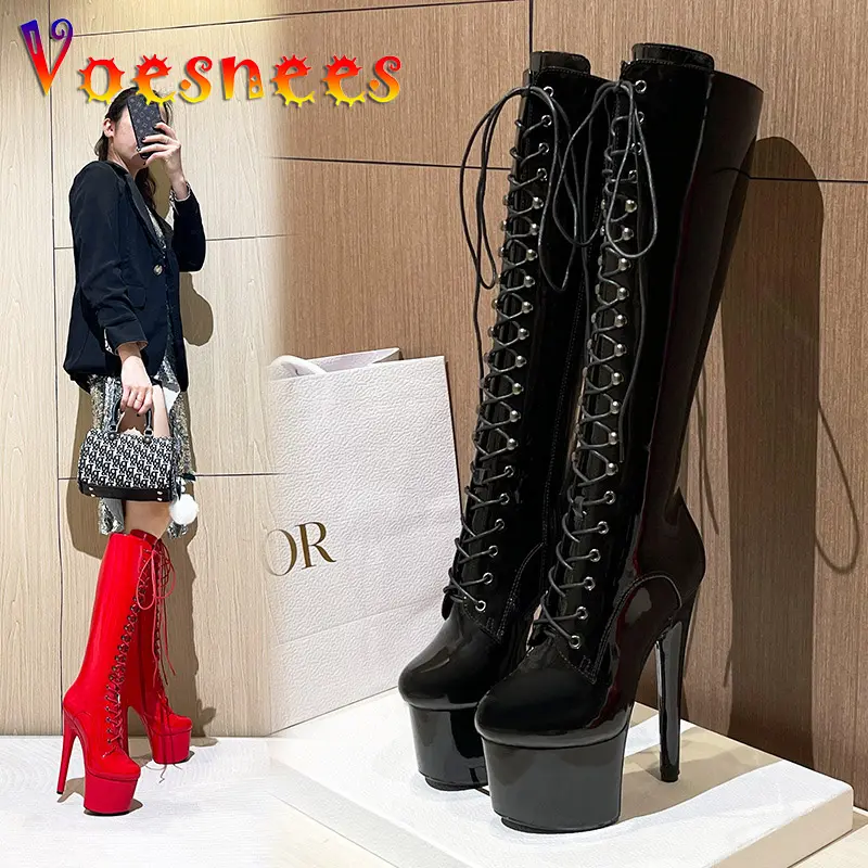 Rome Style Pole Dance Women Shoes Nightclub Patent Leather Round Toe Knee-High Boots Super High Heel 17CM Zip Lace-up Long Boots