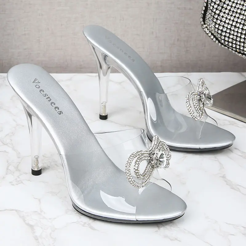 Voesnees Women Clear Transparent  Summer Slippers 2021 Diamonds Sexy Fluffy Pubescence High Heels Ladies Stiletto Sandals Shoes