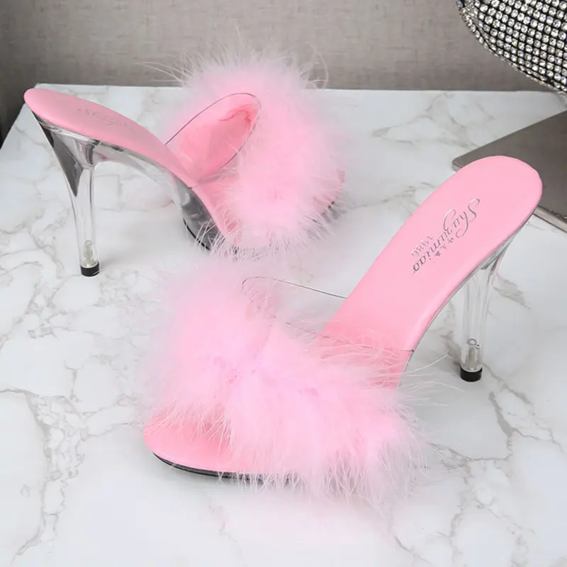 Voesnees Women Clear Transparent  Summer Slippers 2021 Diamonds Sexy Fluffy Pubescence High Heels Ladies Stiletto Sandals Shoes