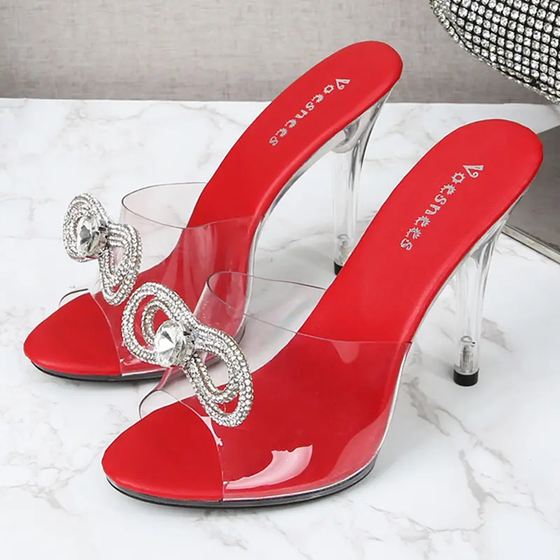 Voesnees Women Clear Transparent  Summer Slippers 2021 Diamonds Sexy Fluffy Pubescence High Heels Ladies Stiletto Sandals Shoes