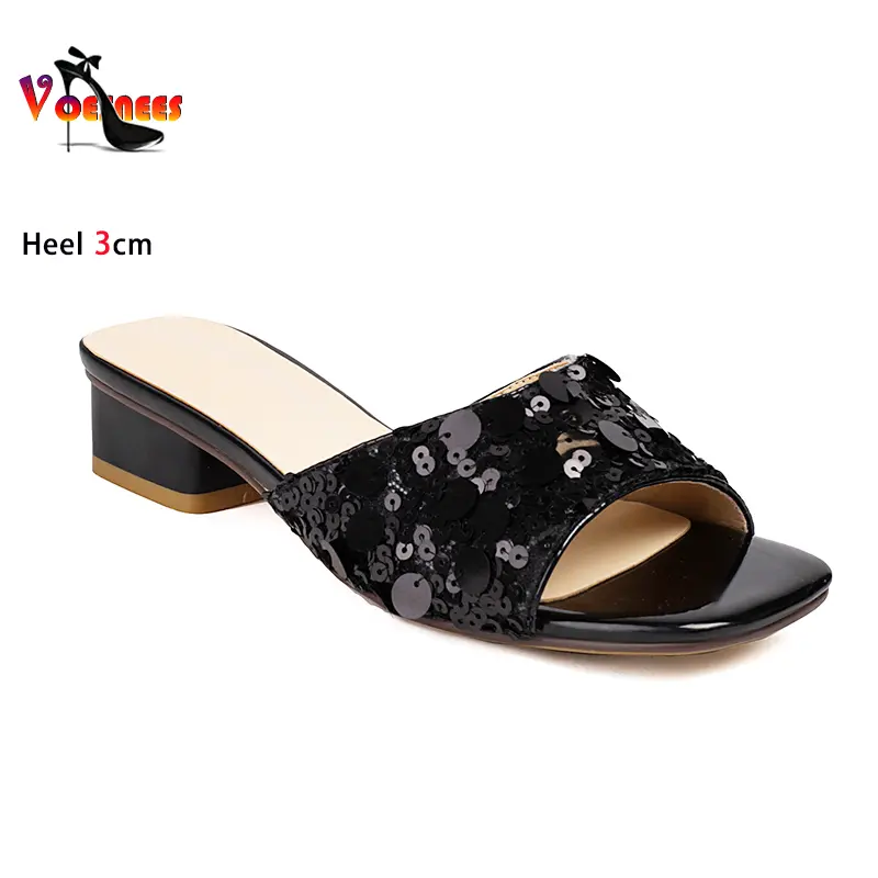 Comfort Low Heel Slippers 3CM Home Shoes Fashion Sequin Women Square Toe Sandals Summer Outdoors Casual High Heels Plus Size 46