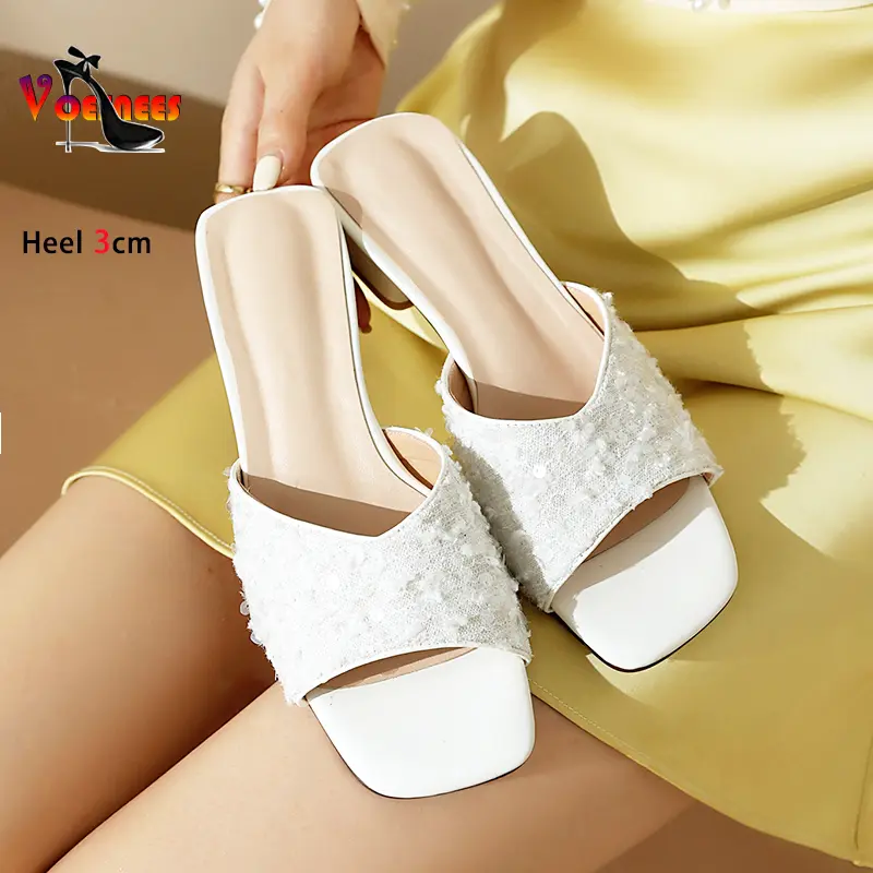 Low Heel Slippers For Ladies Black Block Heel Outdoors Home Sandals With Sequin Fashion Square Toe Summer Women Shoes Size 34-46