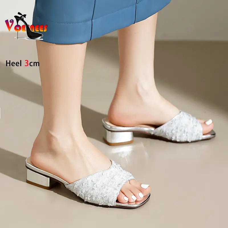 Low Heel Slippers For Ladies Black Block Heel Outdoors Home Sandals With Sequin Fashion Square Toe Summer Women Shoes Size 34-46