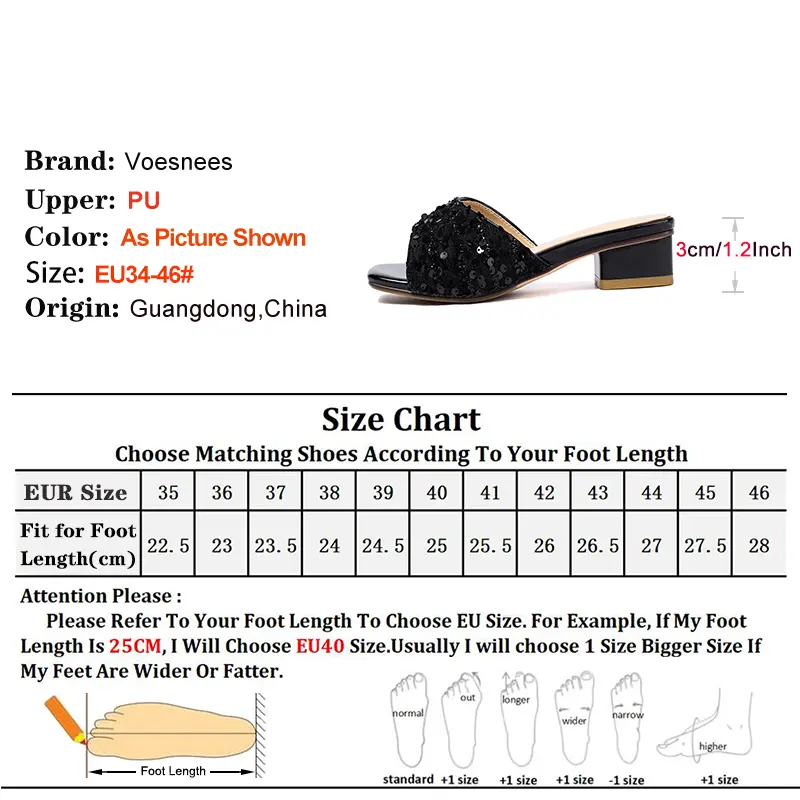 Low Heel Slippers For Ladies Black Block Heel Outdoors Home Sandals With Sequin Fashion Square Toe Summer Women Shoes Size 34-46
