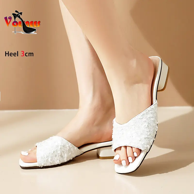 Low Heel Slippers For Ladies Black Block Heel Outdoors Home Sandals With Sequin Fashion Square Toe Summer Women Shoes Size 34-46