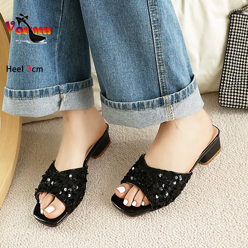 Low Heel Slippers For Ladies Black Block Heel Outdoors Home Sandals With Sequin Fashion Square Toe Summer Women Shoes Size 34-46