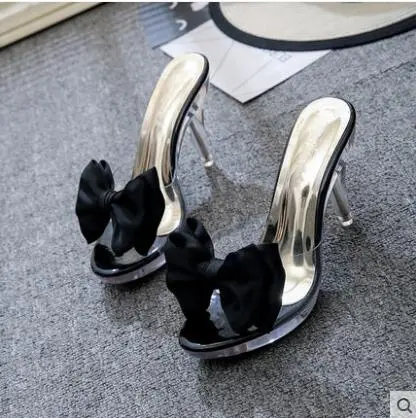 Slippers Women Sweet Bowtie Crystal Slippers Woman Transparent Open Toe Outdoor Female Shoes Silver Summer Shoes Woman Sandals