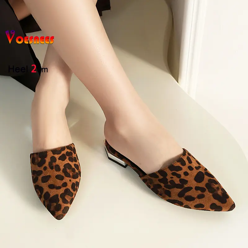 New Pointed Slippers For Women Mules 2CM High Heels Comfort Home Shoes Ladies Elegant Slip-on Leopard Sandals Plus Size 46 47 48