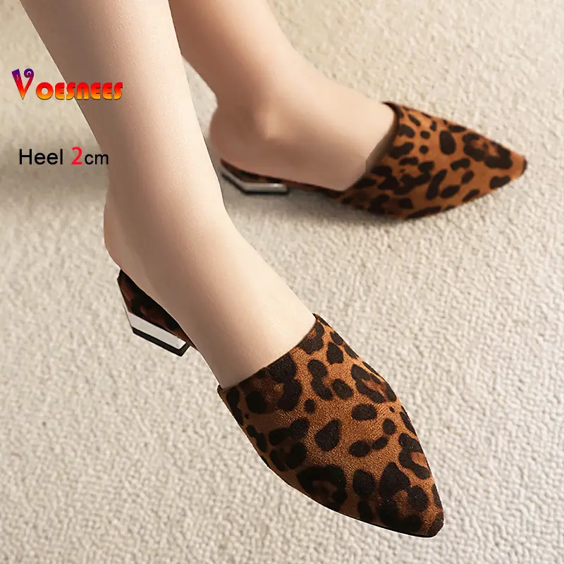 New Pointed Slippers For Women Mules 2CM High Heels Comfort Home Shoes Ladies Elegant Slip-on Leopard Sandals Plus Size 46 47 48
