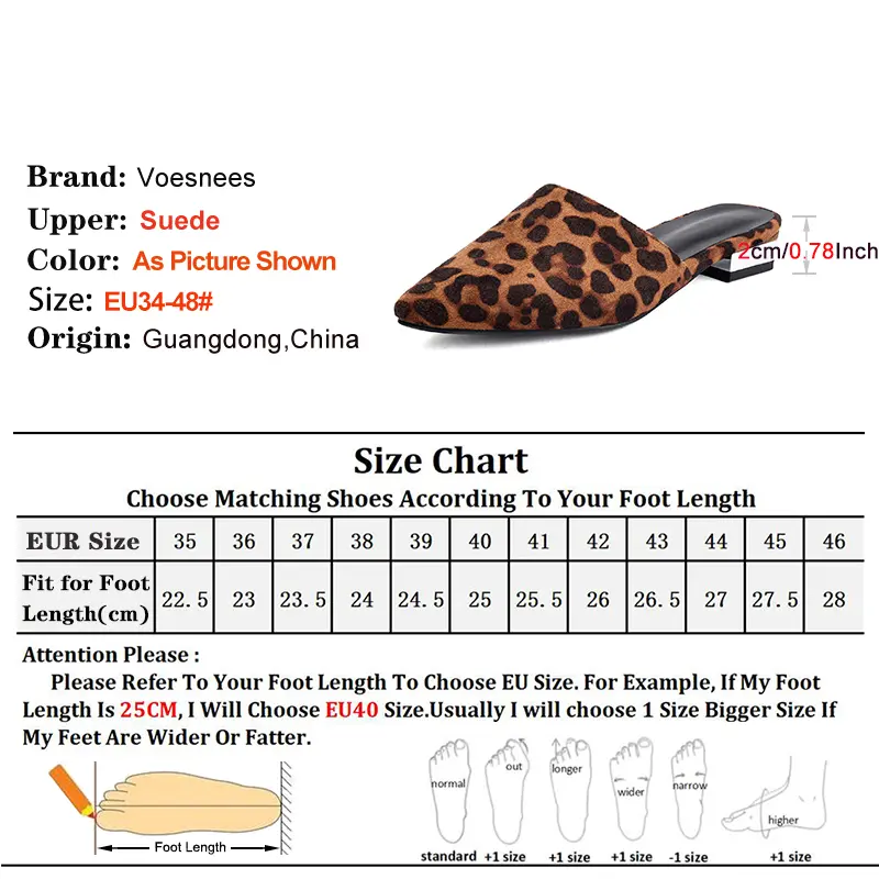 New Pointed Slippers For Women Mules 2CM High Heels Comfort Home Shoes Ladies Elegant Slip-on Leopard Sandals Plus Size 46 47 48