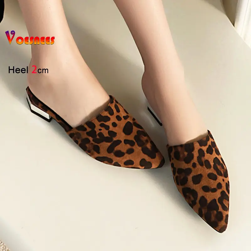 New Pointed Slippers For Women Mules 2CM High Heels Comfort Home Shoes Ladies Elegant Slip-on Leopard Sandals Plus Size 46 47 48