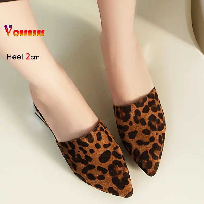 New Pointed Slippers For Women Mules 2CM High Heels Comfort Home Shoes Ladies Elegant Slip-on Leopard Sandals Plus Size 46 47 48