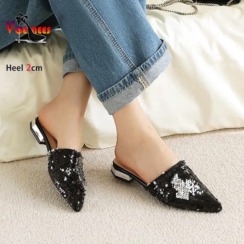 2024 Summer Sequin Women Shoes Mules 2CM High Heels Hot Sell Fashion Pointed Toe Slip Sandals Comfort Low Heel Slipers For Lady