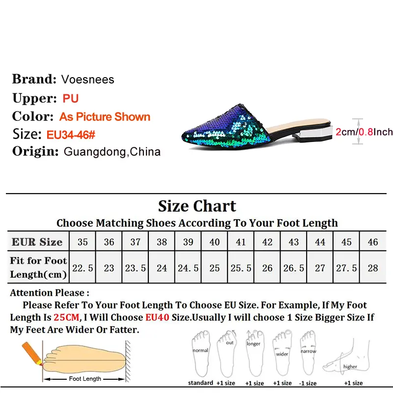 2024 Summer Sequin Women Shoes Mules 2CM High Heels Hot Sell Fashion Pointed Toe Slip Sandals Comfort Low Heel Slipers For Lady