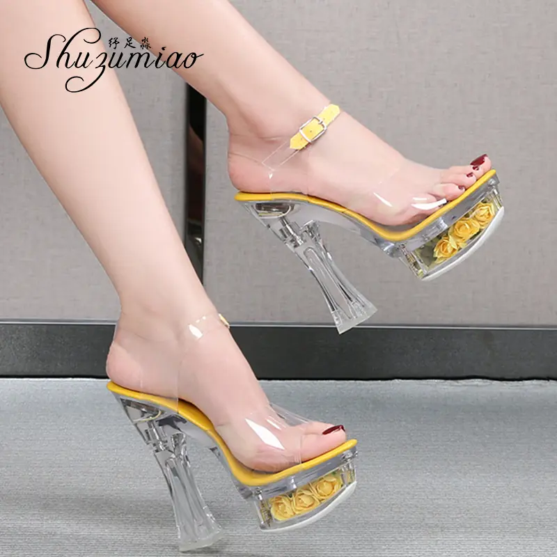 Shuzumiao Glowing Sandals Women 2020 Summer New Flowers Transparent High Heels 14.5cm Platform Thick heel Ladies Banquet Shoes