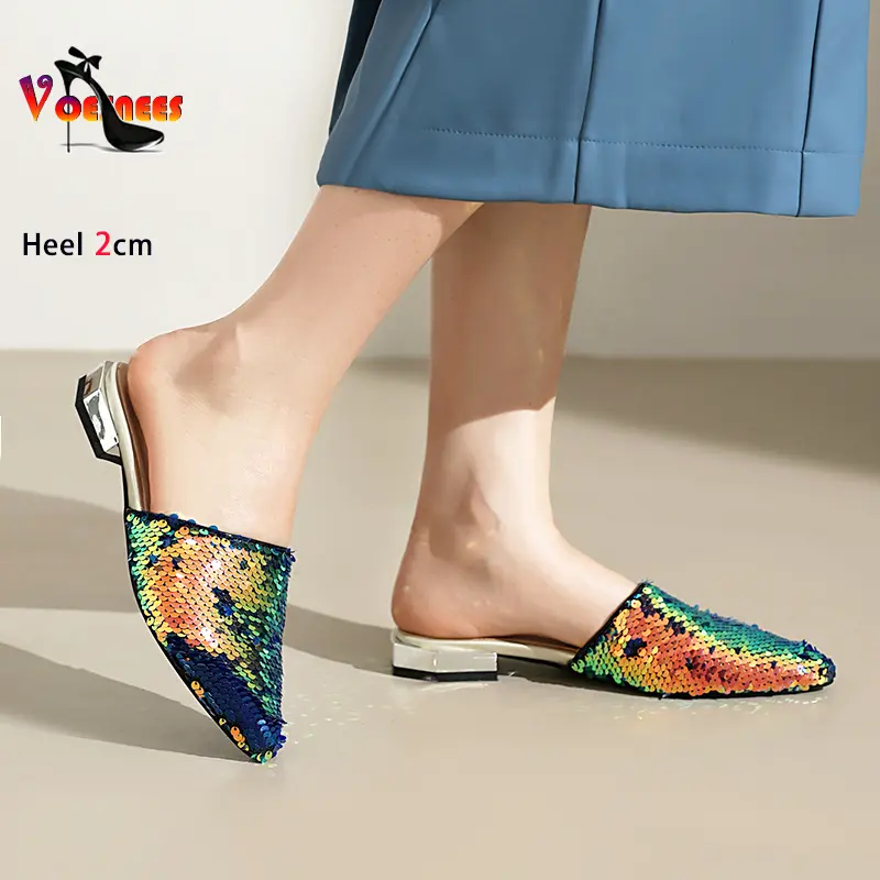 2024 Summer Sequin Women Shoes Mules 2CM High Heels Hot Sell Fashion Pointed Toe Slip Sandals Comfort Low Heel Slipers For Lady