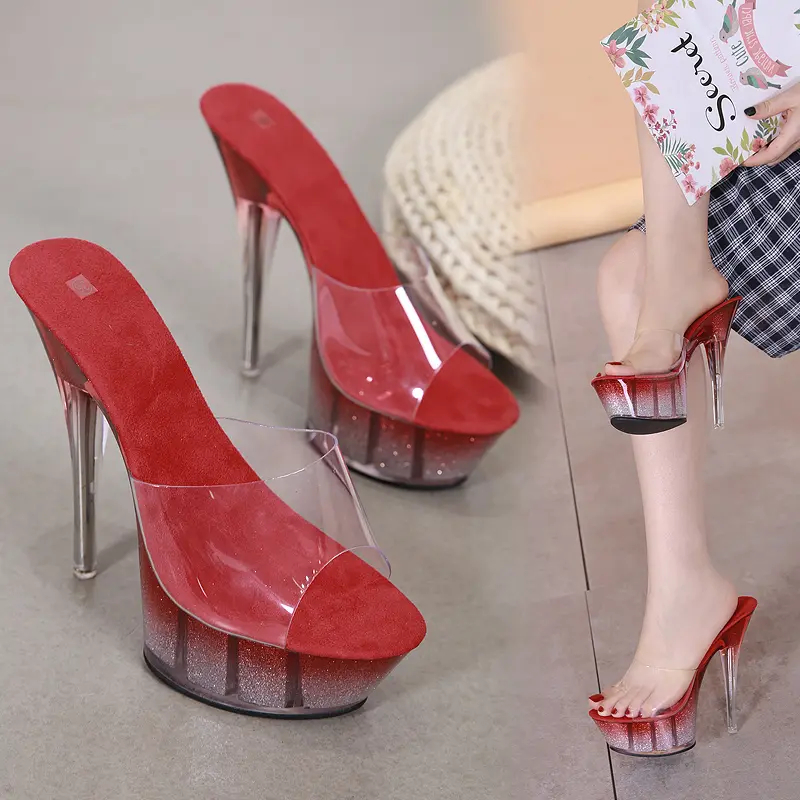 Shoes Women 2019 Sexy Super High Heel 15CM Fine with Waterproof Table Slippers Transparent Crystal Shoes Female Wedding Shoes