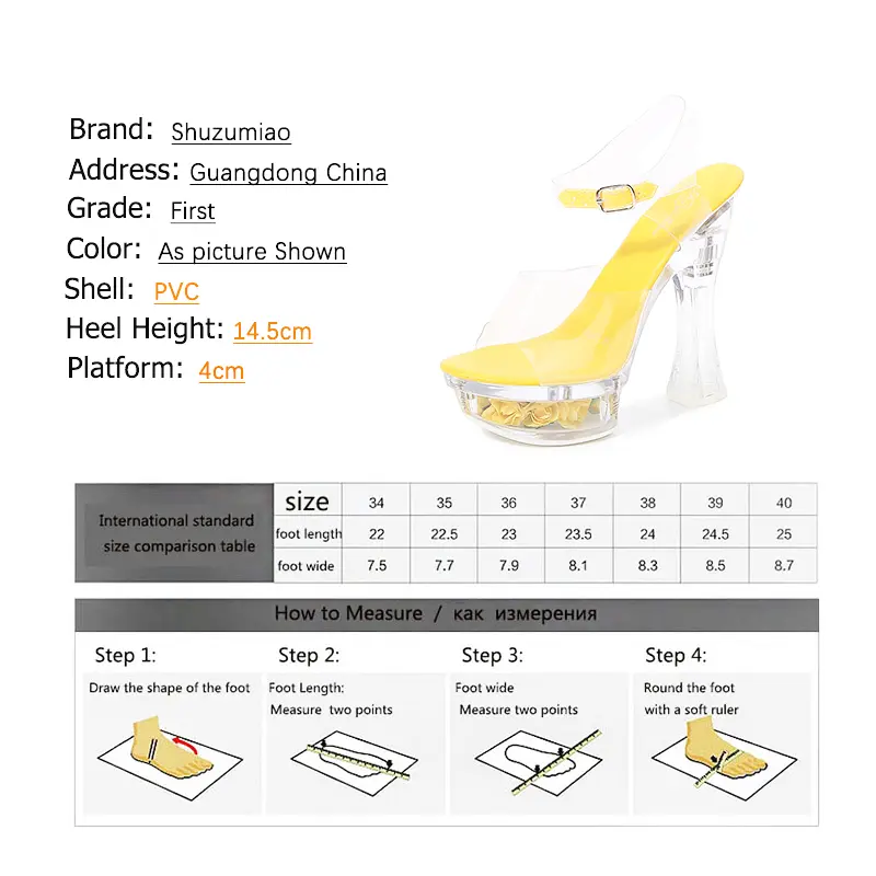 Shuzumiao Glowing Sandals Women 2020 Summer New Flowers Transparent High Heels 14.5cm Platform Thick heel Ladies Banquet Shoes