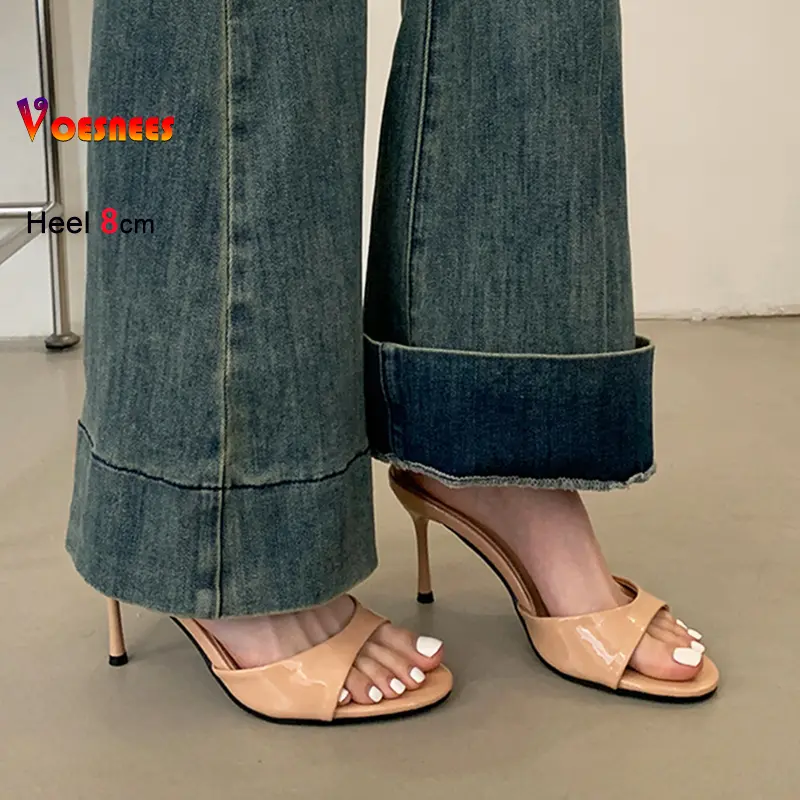 Size 34-40 Women 8CM High Heels Summer Slippers Fashion Peep Toe Stiletto Slides Sandals For Ladies Solid Elegant Party Shoes