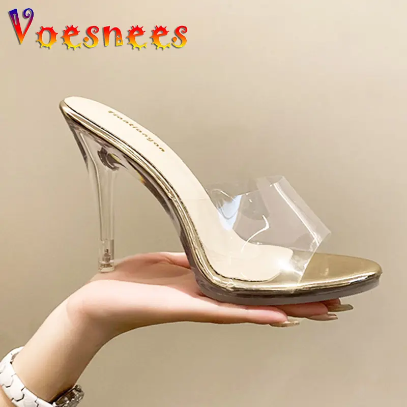 11CM Pointed End Slippers Transparent PVC Sexy High Heels Summer Jelly Crystal Sandals Plus Size Fashion Everyday Women Shoes