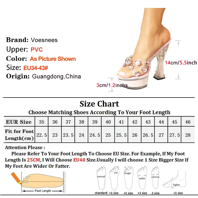 Summer 14CM Square High Heels Fashion Women Slippers Luxury Designer Rhinestone Sandals Transparent Platform Thick Bottom Shoes