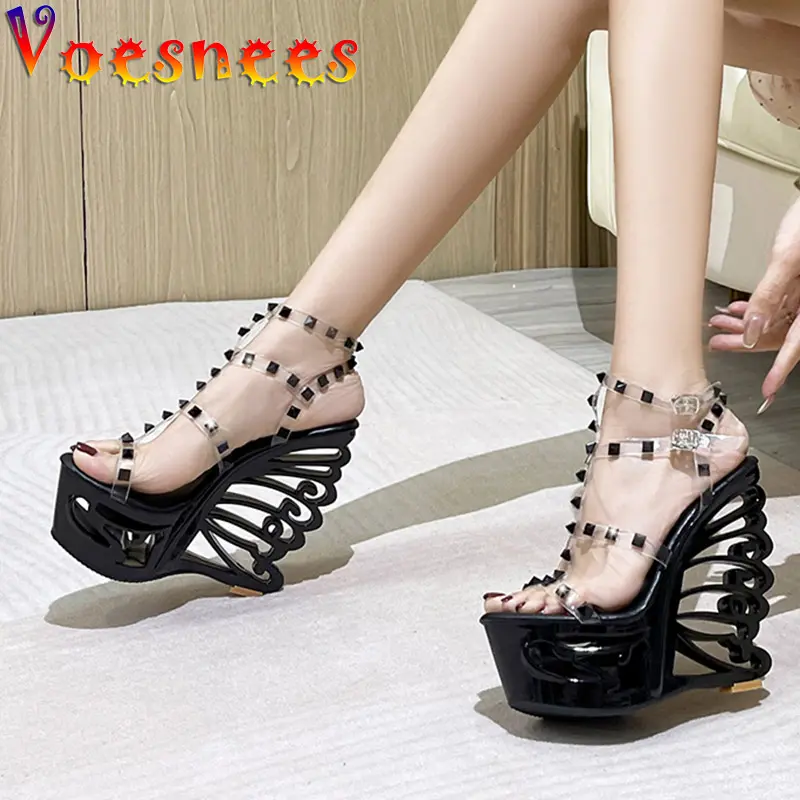 New 2022 Women's Rivet Transparent Sandals Hollow Out Wedge High Heel Shoe Silver Super High Nightclub Steel Tube Dancing Shoes