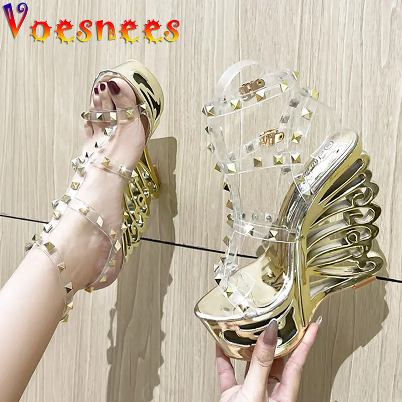 New 2022 Women's Rivet Transparent Sandals Hollow Out Wedge High Heel Shoe Silver Super High Nightclub Steel Tube Dancing Shoes
