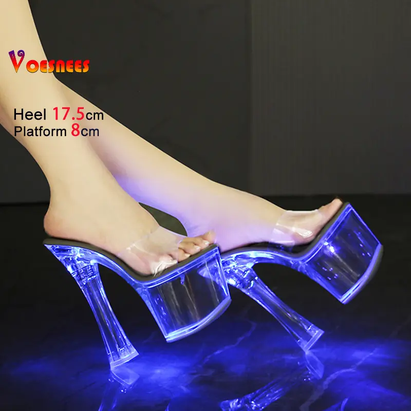 17.5CM Clear Heels Fashion Light Up Transparent Sandals Nightclub Party Shoes For Women Slip-on Thick Platform Glowing Slippers