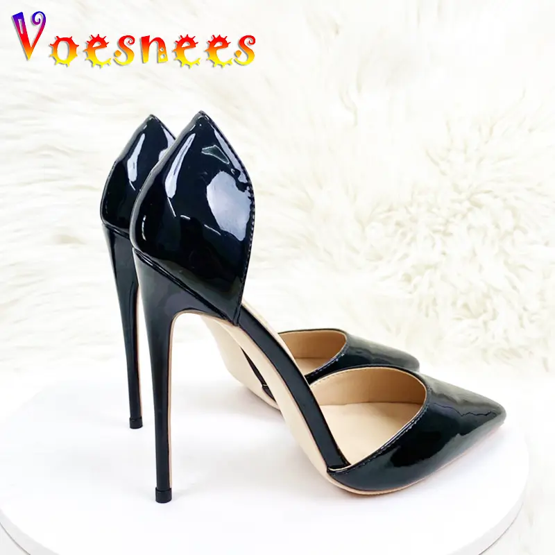 New Side Empty High Heels For The Summer Of 2023 12CM Pointed Slim Heel Sandals Black Lacquer Leather Workplace Women's Shoes