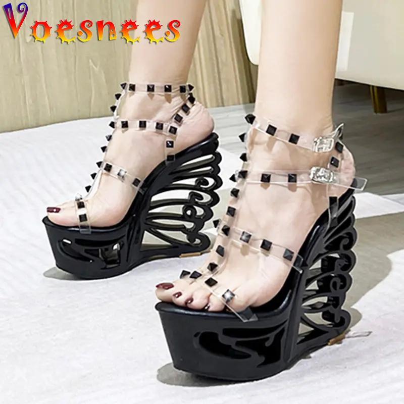 New 2022 Women's Rivet Transparent Sandals Hollow Out Wedge High Heel Shoe Silver Super High Nightclub Steel Tube Dancing Shoes