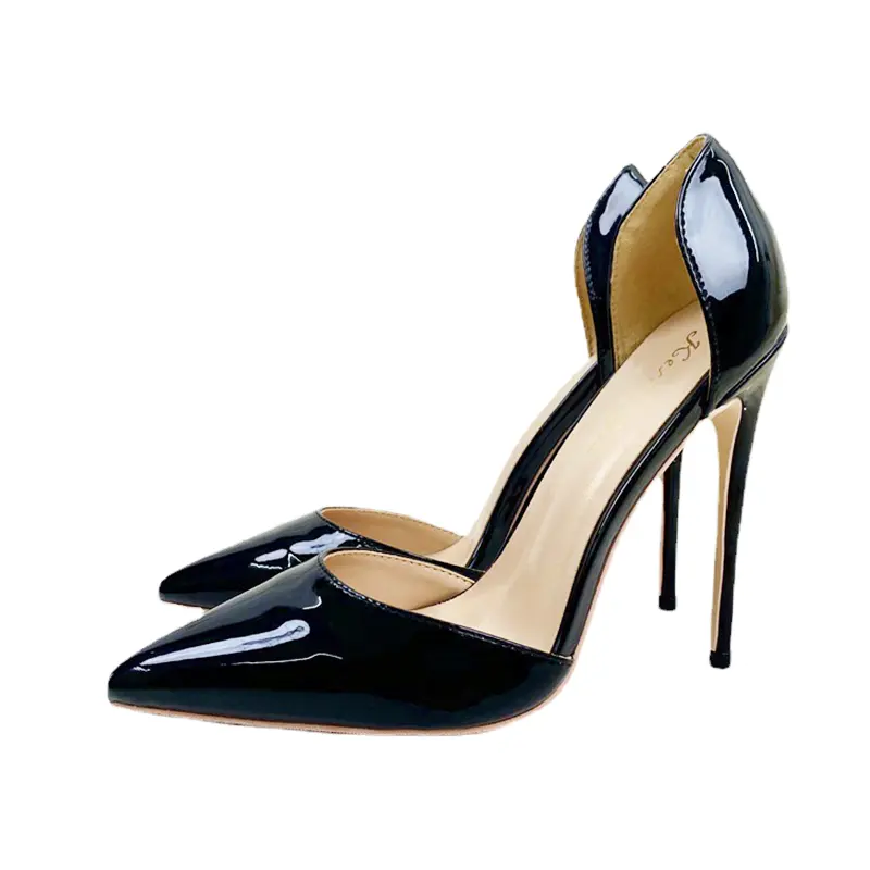 New Side Empty High Heels For The Summer Of 2023 12CM Pointed Slim Heel Sandals Black Lacquer Leather Workplace Women's Shoes