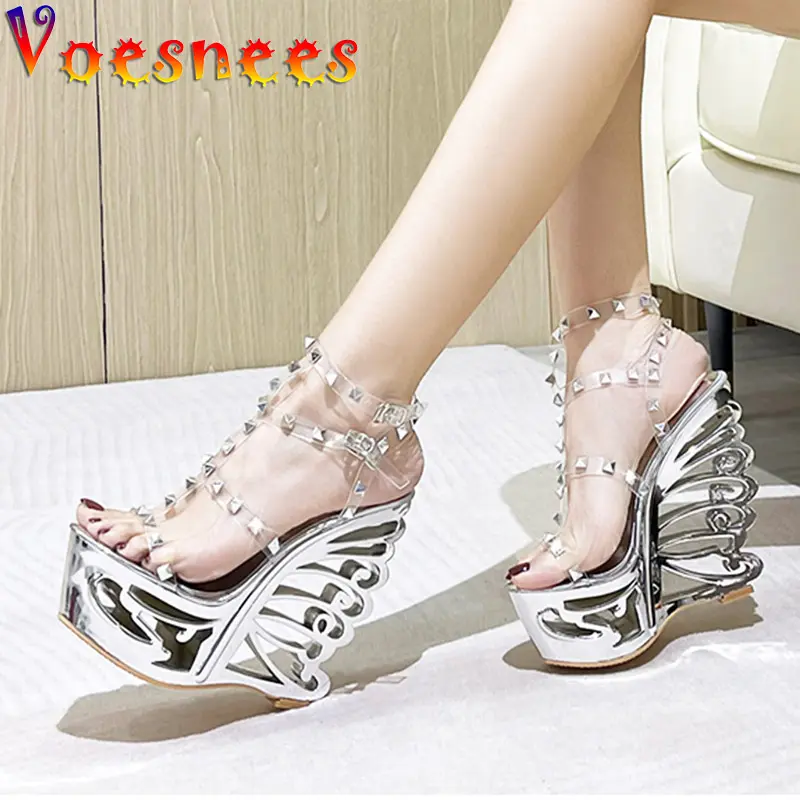 New 2022 Women's Rivet Transparent Sandals Hollow Out Wedge High Heel Shoe Silver Super High Nightclub Steel Tube Dancing Shoes