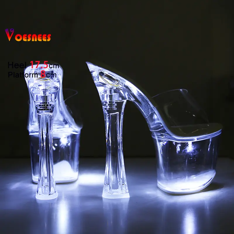 17.5CM Clear Heels Fashion Light Up Transparent Sandals Nightclub Party Shoes For Women Slip-on Thick Platform Glowing Slippers