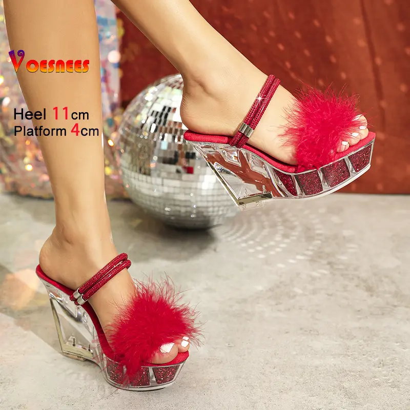 Summer Furry Slippers For Ladies Wedges Heels 11CM Transparent  Platform Sandals Mules Women Nightclub Party Rhinestone Shoes